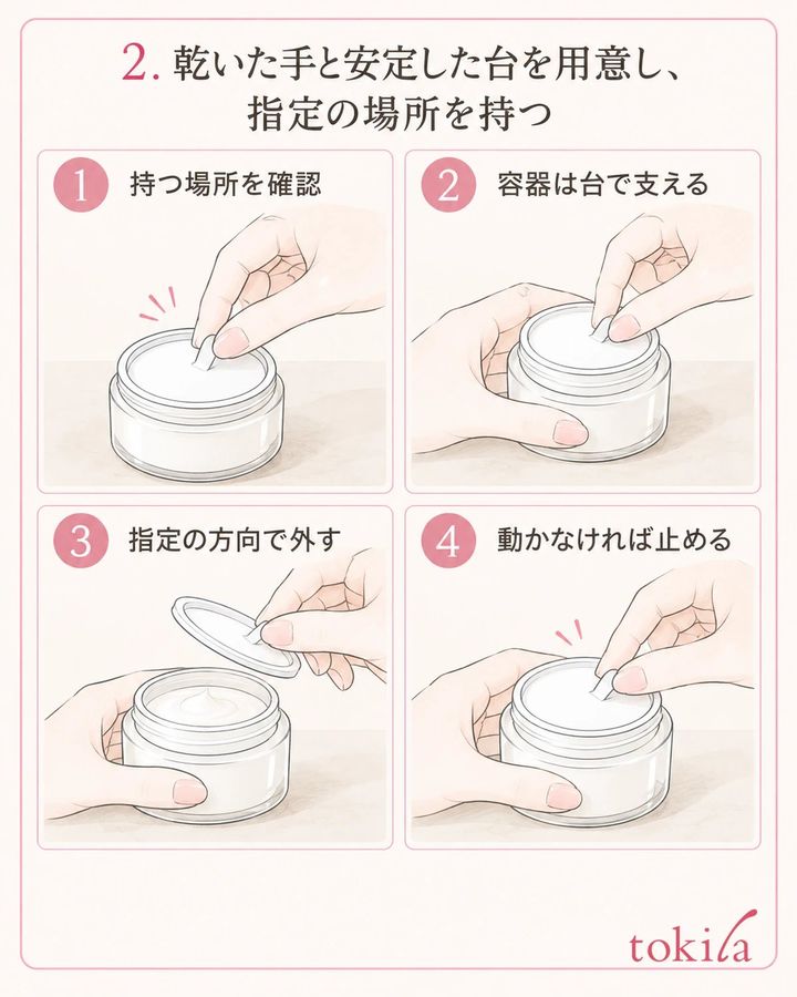 台の上で容器を支え、指定された持つ場所と方向へ合わせます。