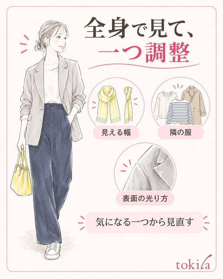 全身と自然な動きで確かめ、気になる条件を一つだけ調整します。
