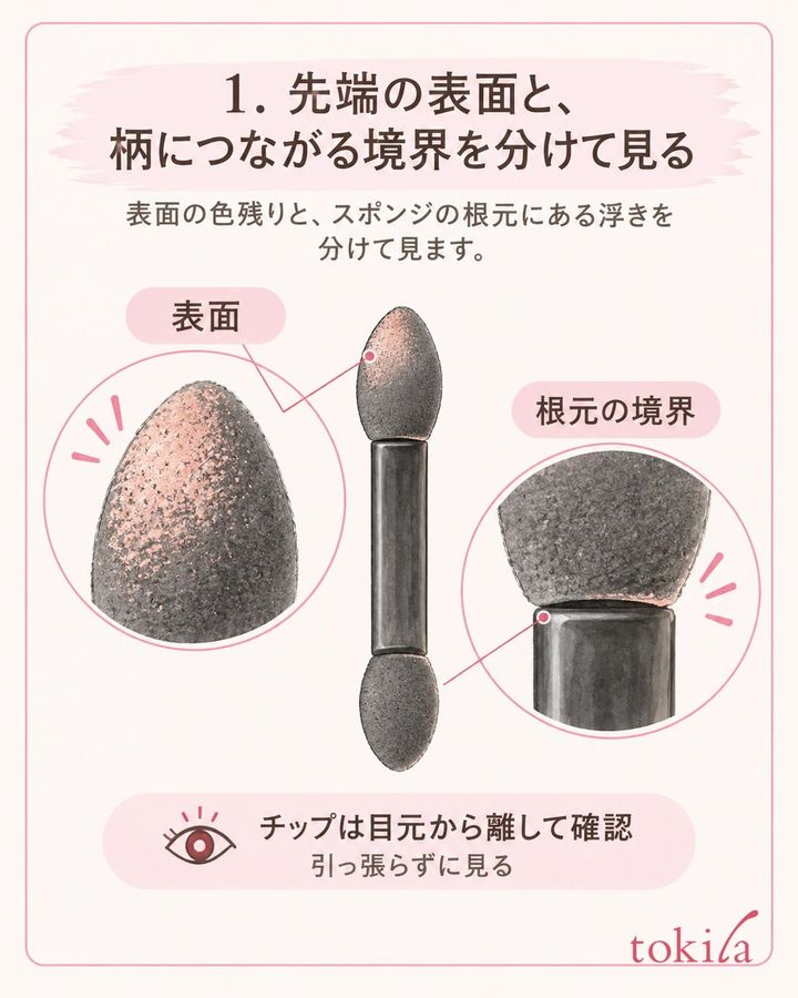 表面の色残りと、スポンジの根元にある浮きを分けて見ます。