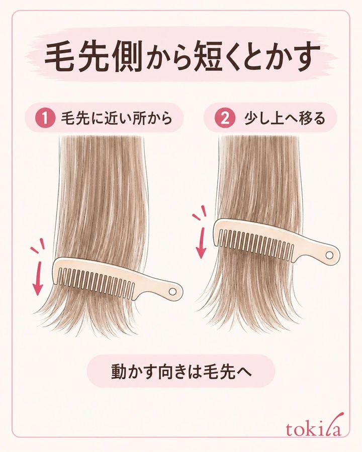 毛先側から始め、くしは毛先へ向けて短く動かします。