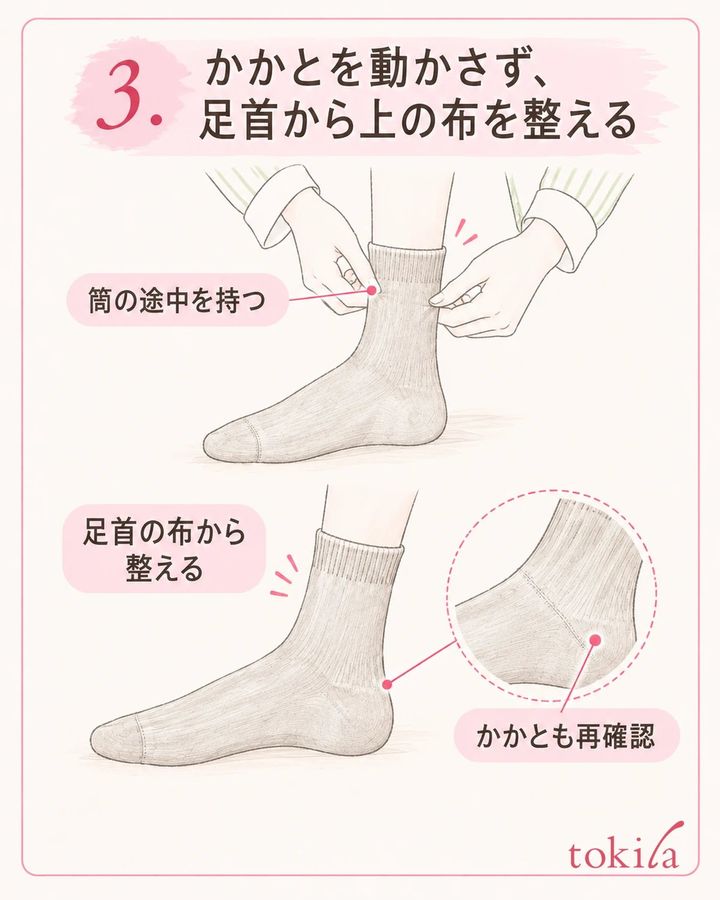 足首から上の布を整えた後、かかとの位置を再確認します。