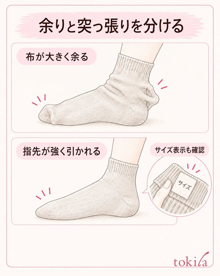 余りと突っ張りを分け、表示サイズと編地の状態を確認します。