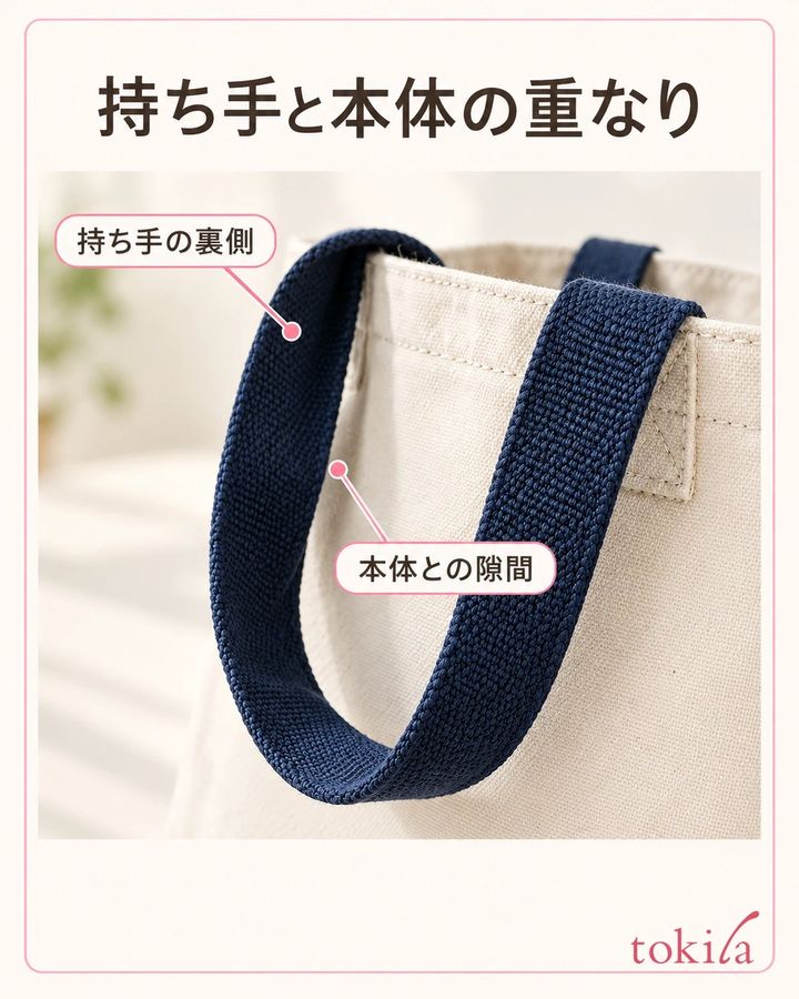 持ち手の裏側と本体との隙間を見て、重なる部分を手持ち品で確認します。