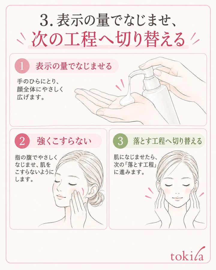 表示の量となじませ方を守り、次の工程へ切り替えます。