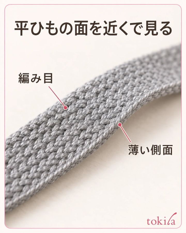 平ひもの編み目と薄い側面を近くで見ます。