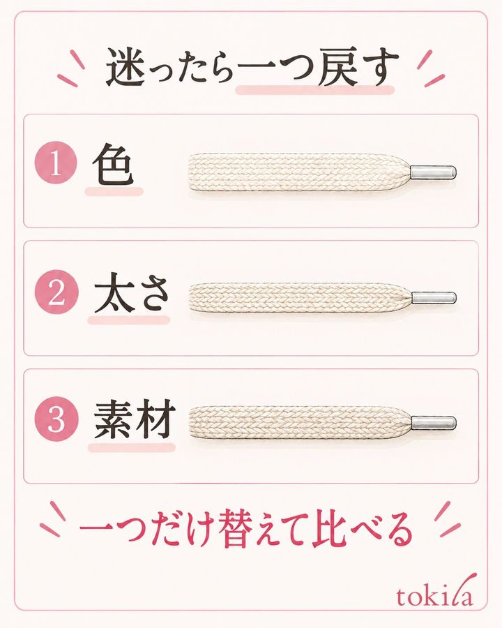 色・太さ・素材の一つだけを戻して比べます。