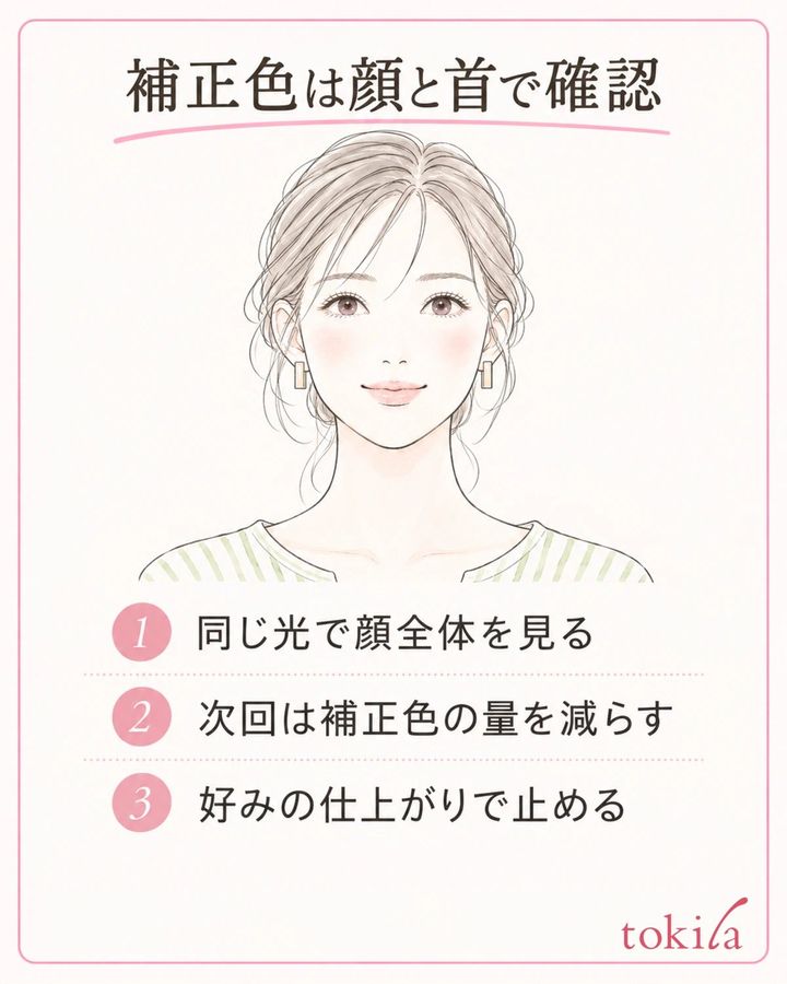 近くで境目を見た後、顔と首を一緒に確認。次回の具体的な変更を一つ選びます。