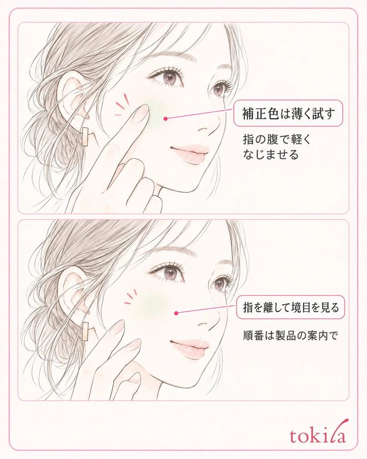 薄く試す場所を一つ決め、指を離して色と外周を見ます。順番は製品の案内を優先します。
