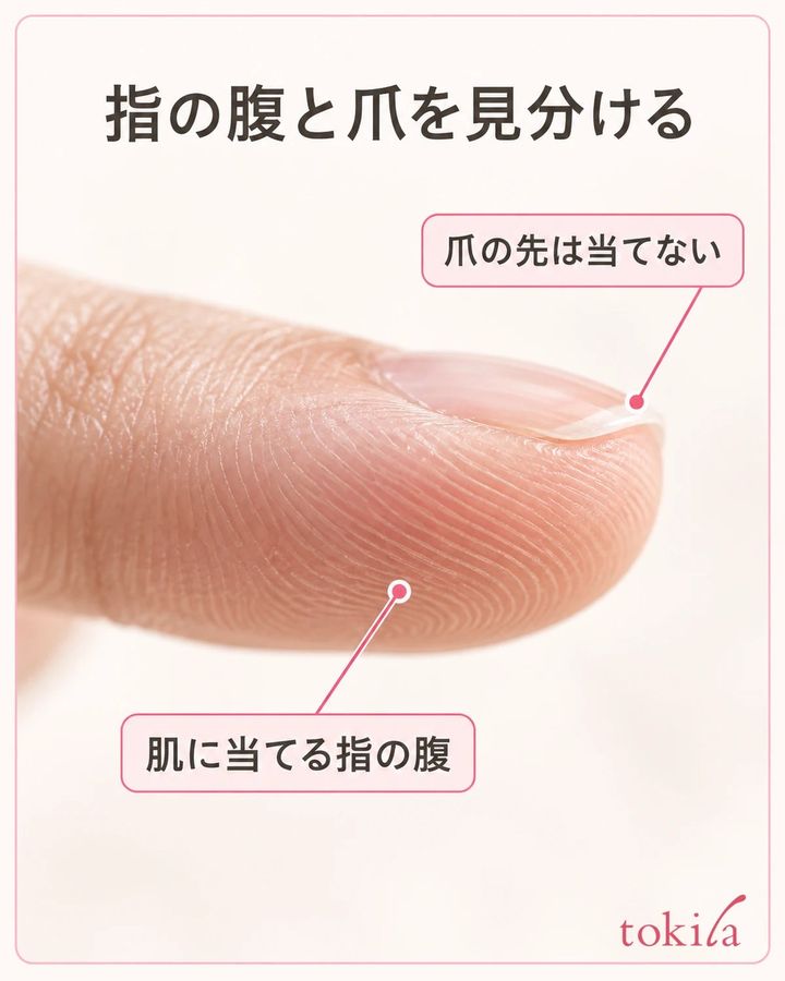指の腹の丸みと細い指紋、上側の短い爪の縁