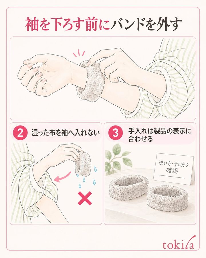 湿ったバンドを外してから袖を下ろし、表示に合わせて手入れします。