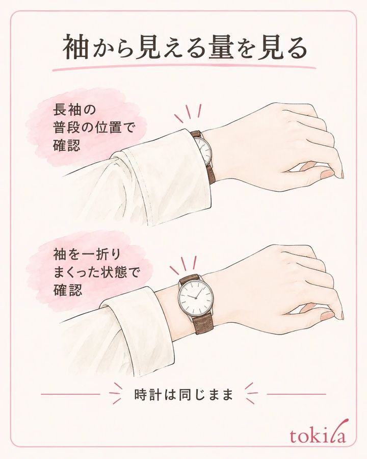 同じ時計で、普段の袖の位置から見える量を比べます。