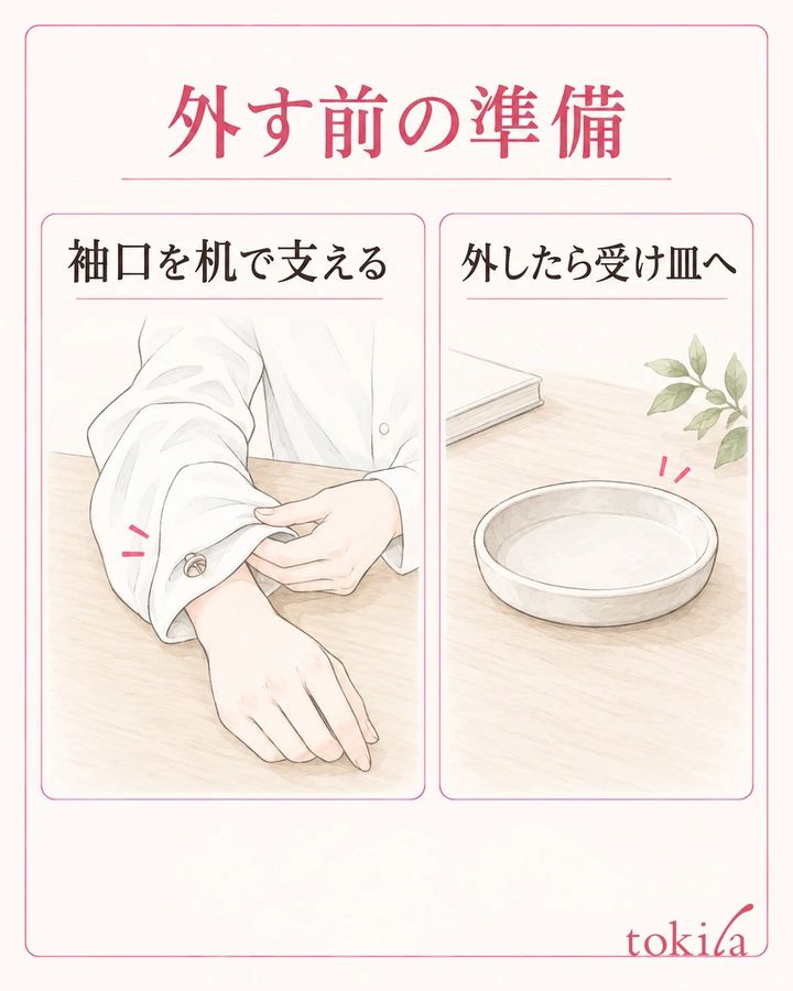 平らな机に小物の受け皿を用意し、袖口を支えます。