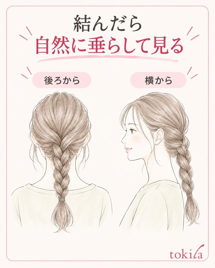 結んだ毛束を自然に垂らし、後ろと横から確認する図