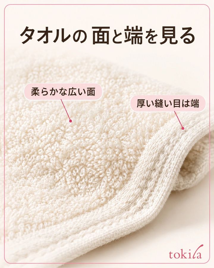タオルの広い面と厚い縫い目を近くで見ます。