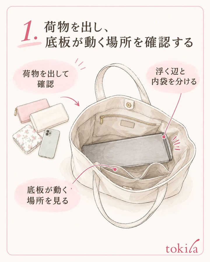 荷物を出したバッグで、板が浮く辺と内袋を分けて確認します。