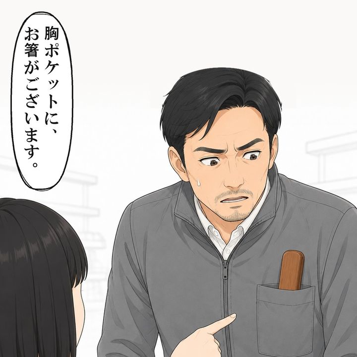 身を乗り出した男性の胸ポケットに、木の箸箱がありました