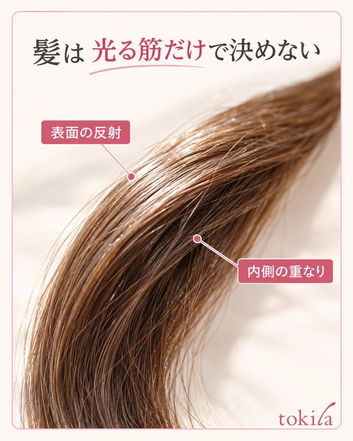 毛束表面の光の筋と内側の重なりを近くで見ます。