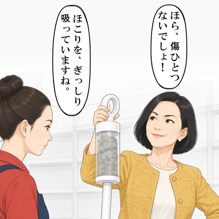 女性客が掲げた掃除機のケースは、ほこりで満杯になっていました