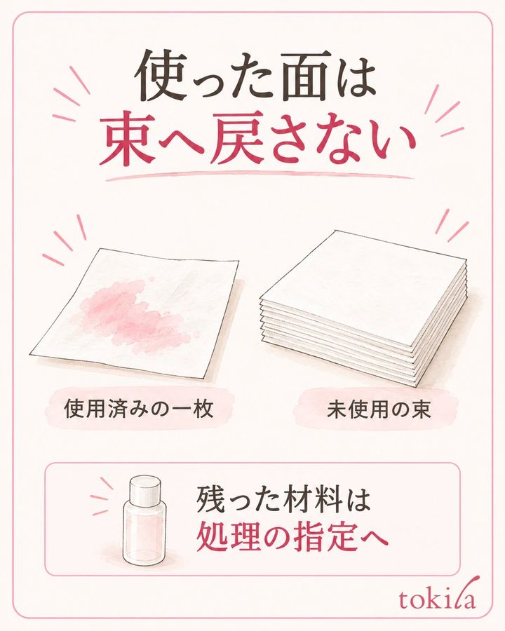 使用済みの面と未使用の束を分け、材料の処理指定へ従います。
