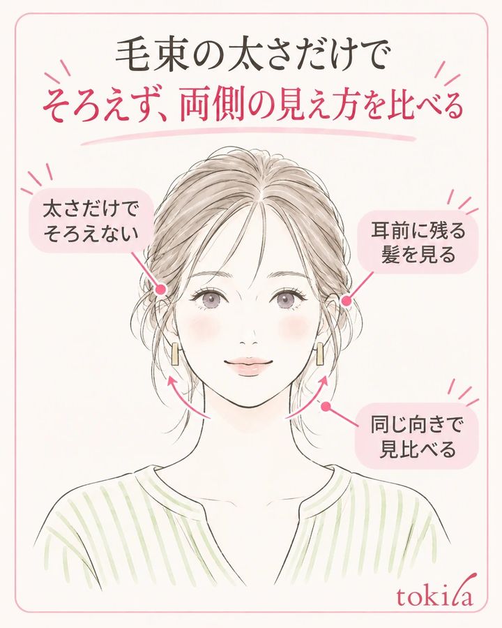 毛束の太さだけでなく、耳前に残る髪を見比べます。