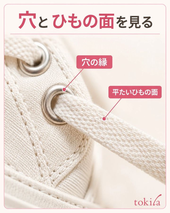 穴の縁と平ひもの広い面を近くで見ます。