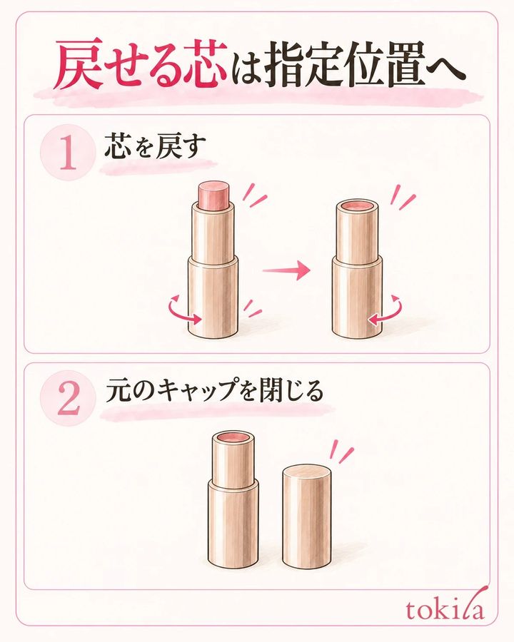 戻せる芯は指定位置へ戻し、元のキャップで閉じます。