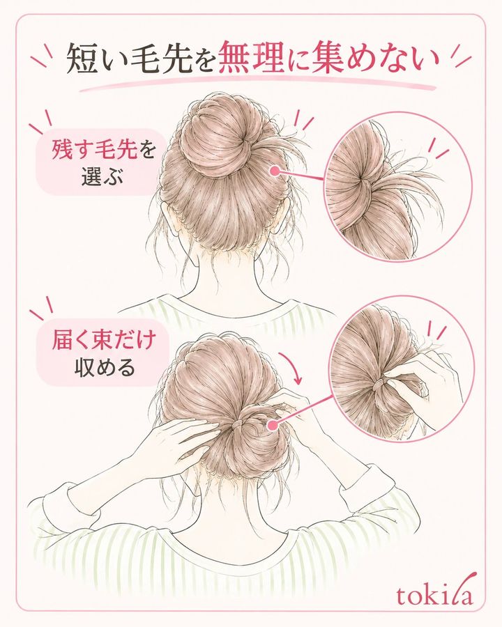 短い毛先を残すか、届く束だけを収めるかを選びます。