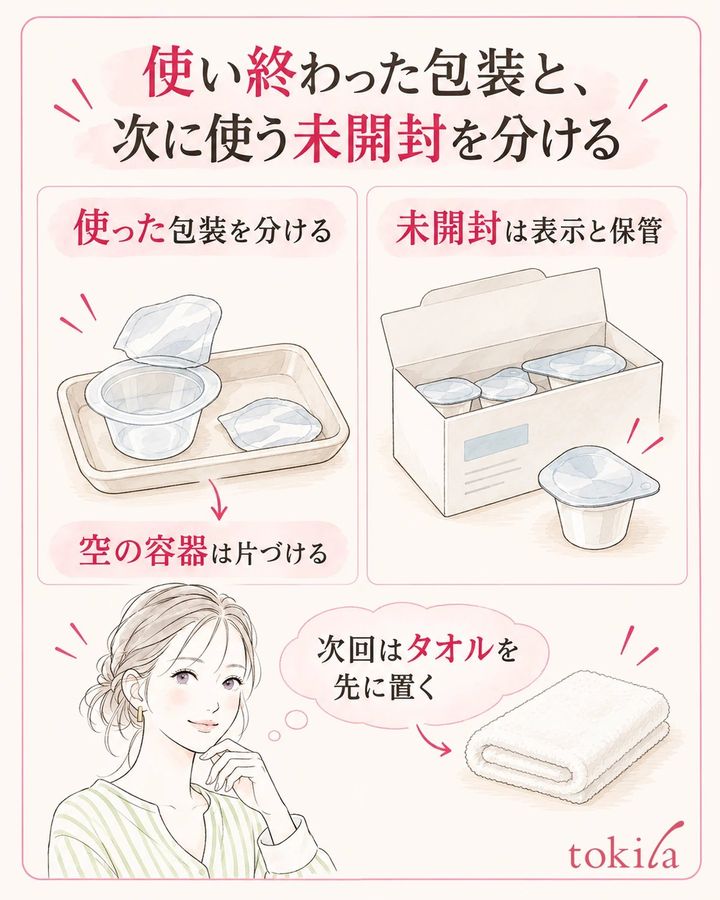 開封した包装と未開封を分け、次回は困った準備を一つ見直します。