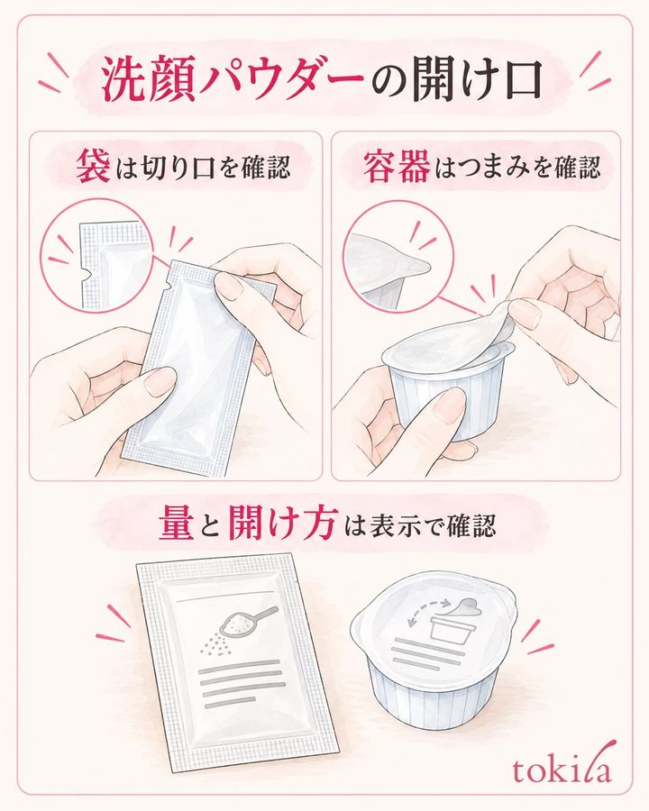 開け口と使用量の表示を、開封前に確認します。