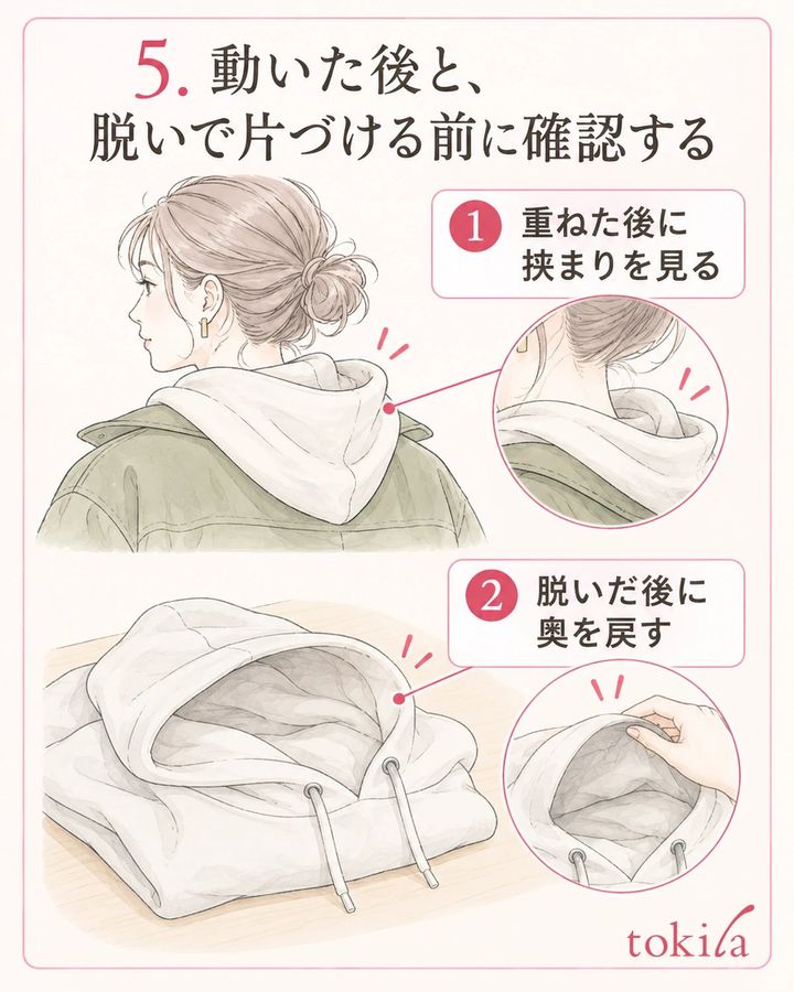 上着を重ねた後と脱いだ後に、フードの向きを確認します。
