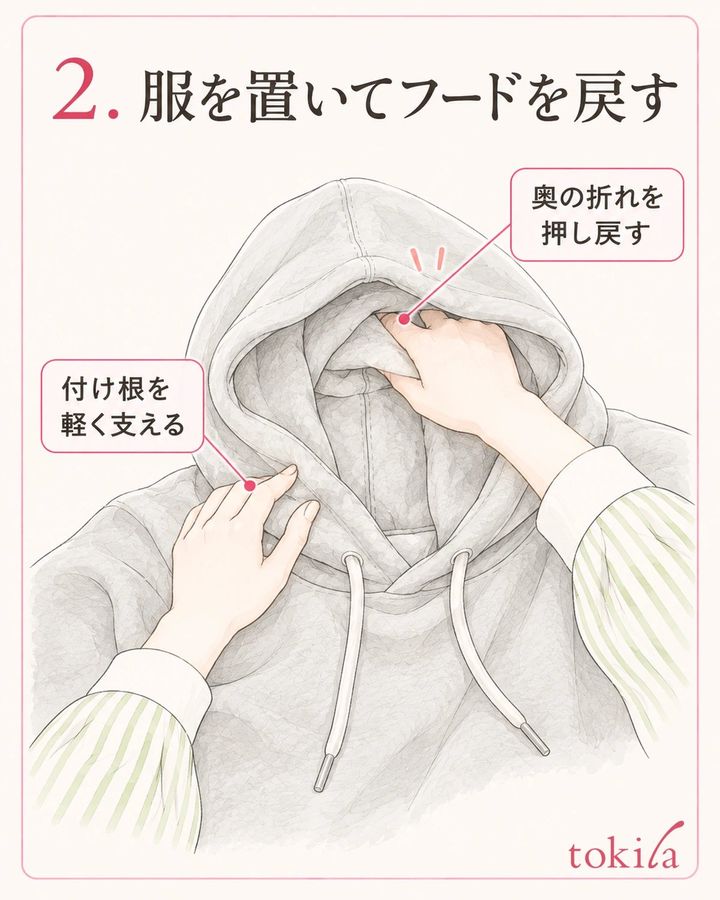 服を置き、開口部を広げて袋の奥の折れ込みを戻します。