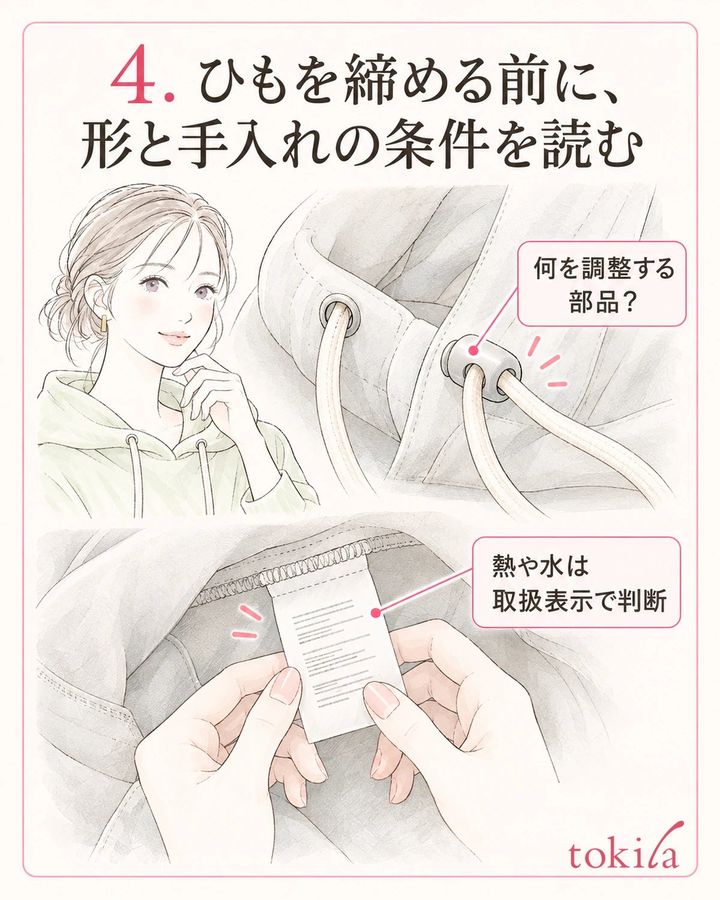 ひもを締める前に役割を確認し、熱や水は取扱表示で判断します。
