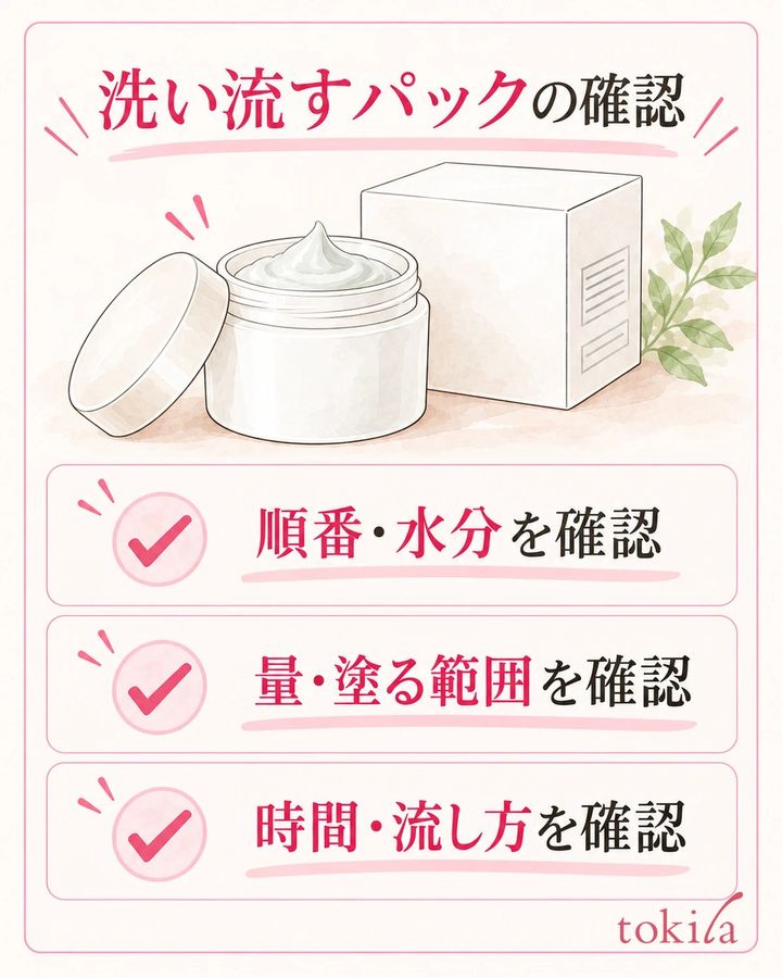 使う前・量・範囲・時間・流し方を、手持ち品の表示で確認します。