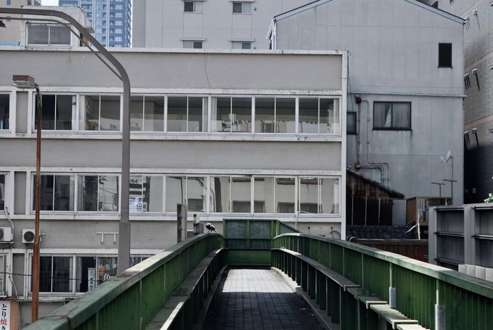緑色の手すりに囲まれた歩道橋。正面に建物が並び、手すりの上に一羽の鳥がとまっている。