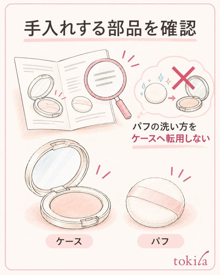 手入れの対象と道具を確認し、化粧料へ触れない位置を整えます。