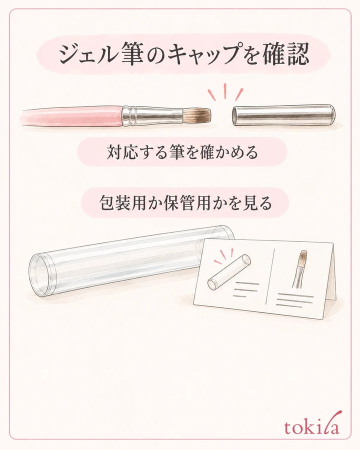 筆に対応する保管用キャップかを確認し、包装用の筒と区別します。
