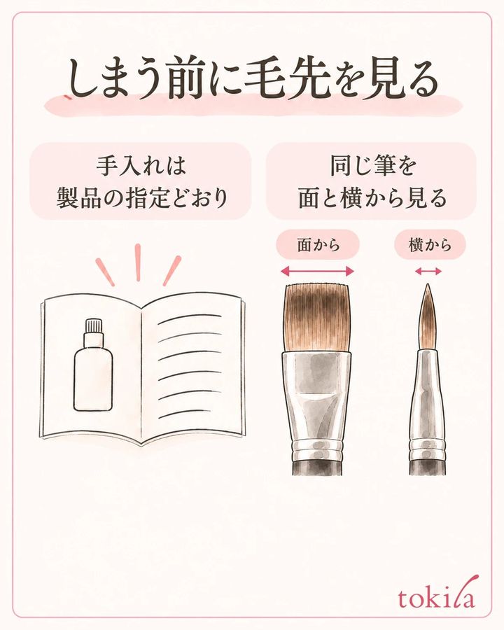 手入れ条件を確かめ、平筆の面と横から毛先を見ます。