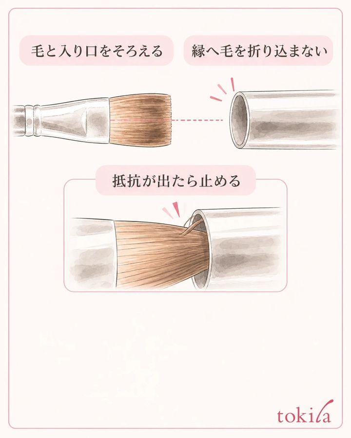 毛が入り口へ引っかからない向きにそろえ、抵抗が出たら止めます。