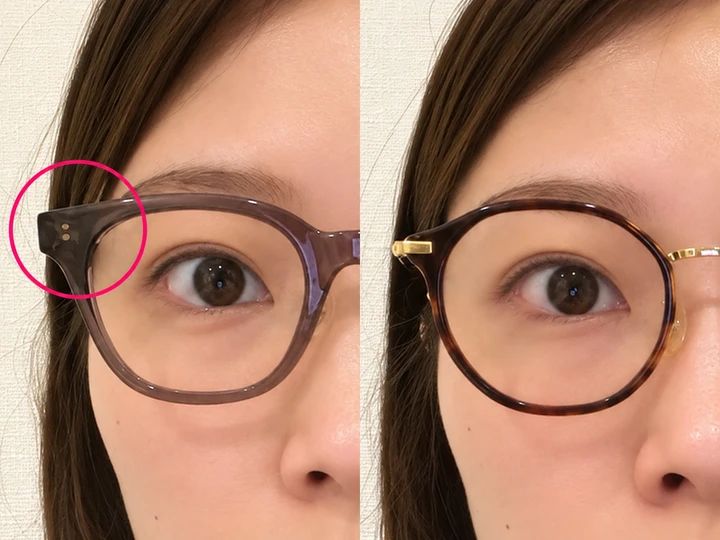 JINS×神崎恵の小顔印象フレームと手持ちのメガネを目元のアップで比較。左のフレームの張り出した角をピンクの丸で示した写真