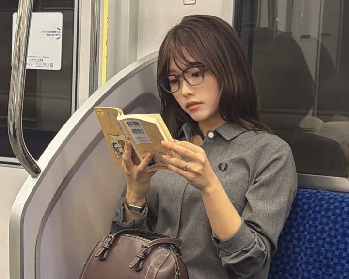 JINS×神崎恵のグレーベージュのメガネとグレーのシャツワンピースを合わせ、電車内で読書する女性