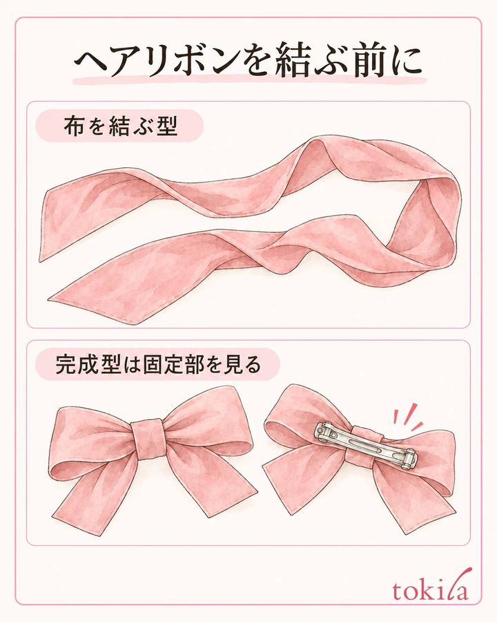 自分で結ぶ布と、固定部のある完成型のリボンを分けます。