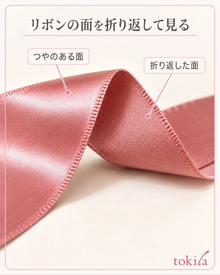 リボンのつやのある面と、折り返した面の織りを見ます。