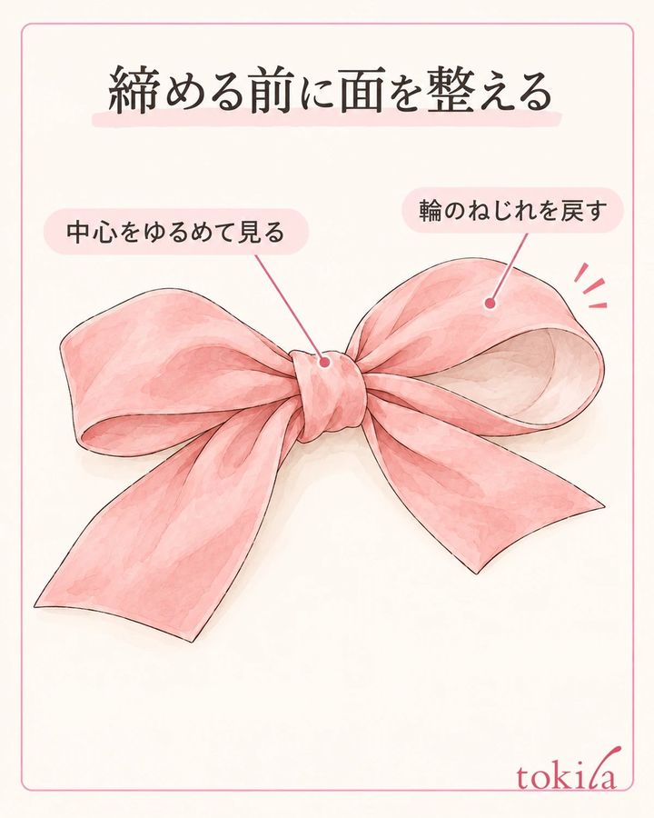 ゆるい結び目で、輪の表面と布のねじれを確かめます。