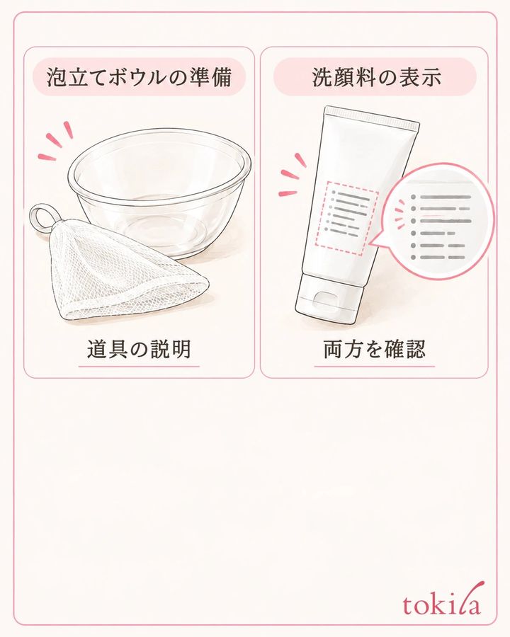 ボウルと洗顔料の両方の表示を見て、組み合わせと必要な道具を確認します。