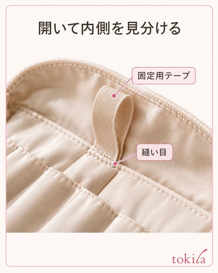開いたカバーの内側にあるテープと、付け根の縫い目を見ます。