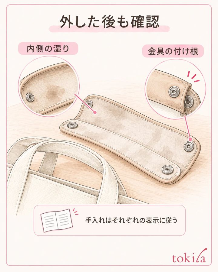 カバーの内側と、金具の付け根の状態を確認します。