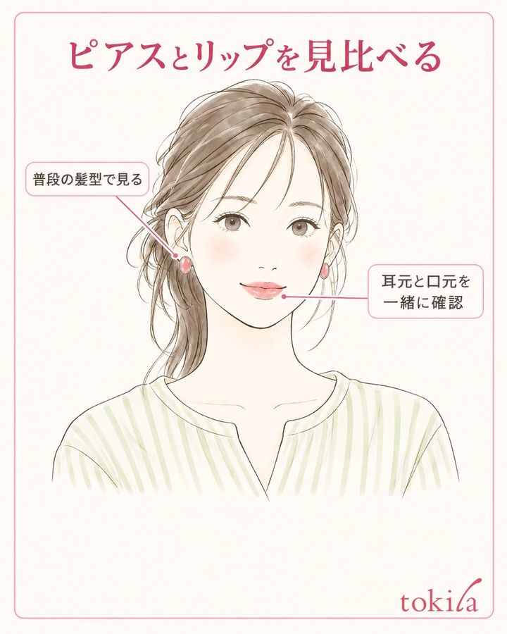 普段の髪型で、耳元と口元を同じ鏡へ入れて見ます。