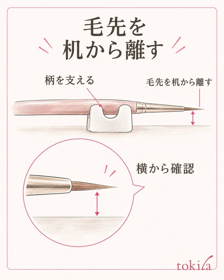 柄を支え、毛先が机へ触れないか横から見ます。