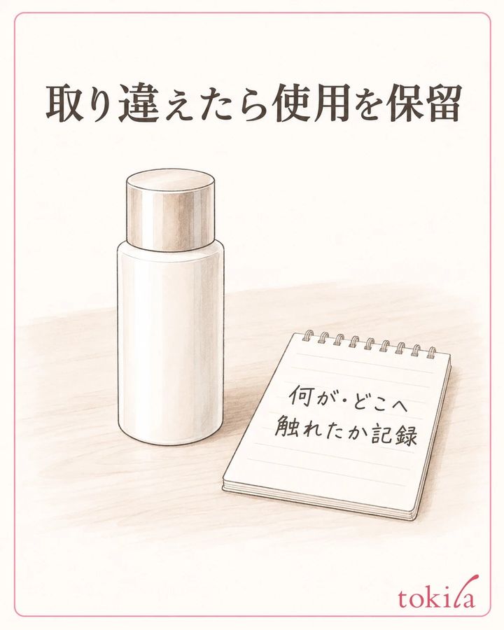 接触の状況を記録し、混入を疑う物は使わず確認します。
