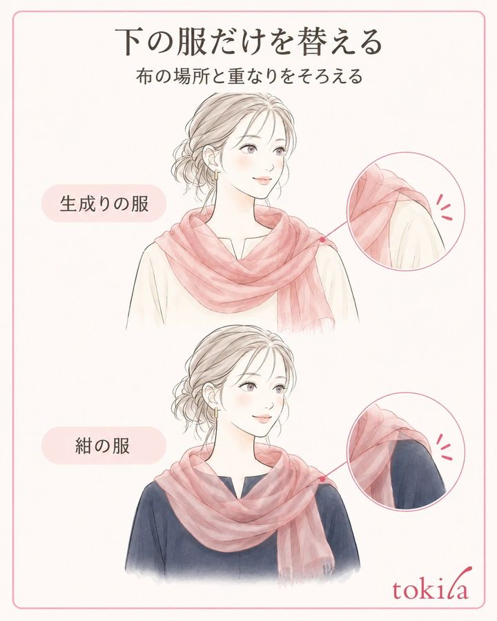同じストールの同じ一枚部分を使い、下の服を替えて比べます。